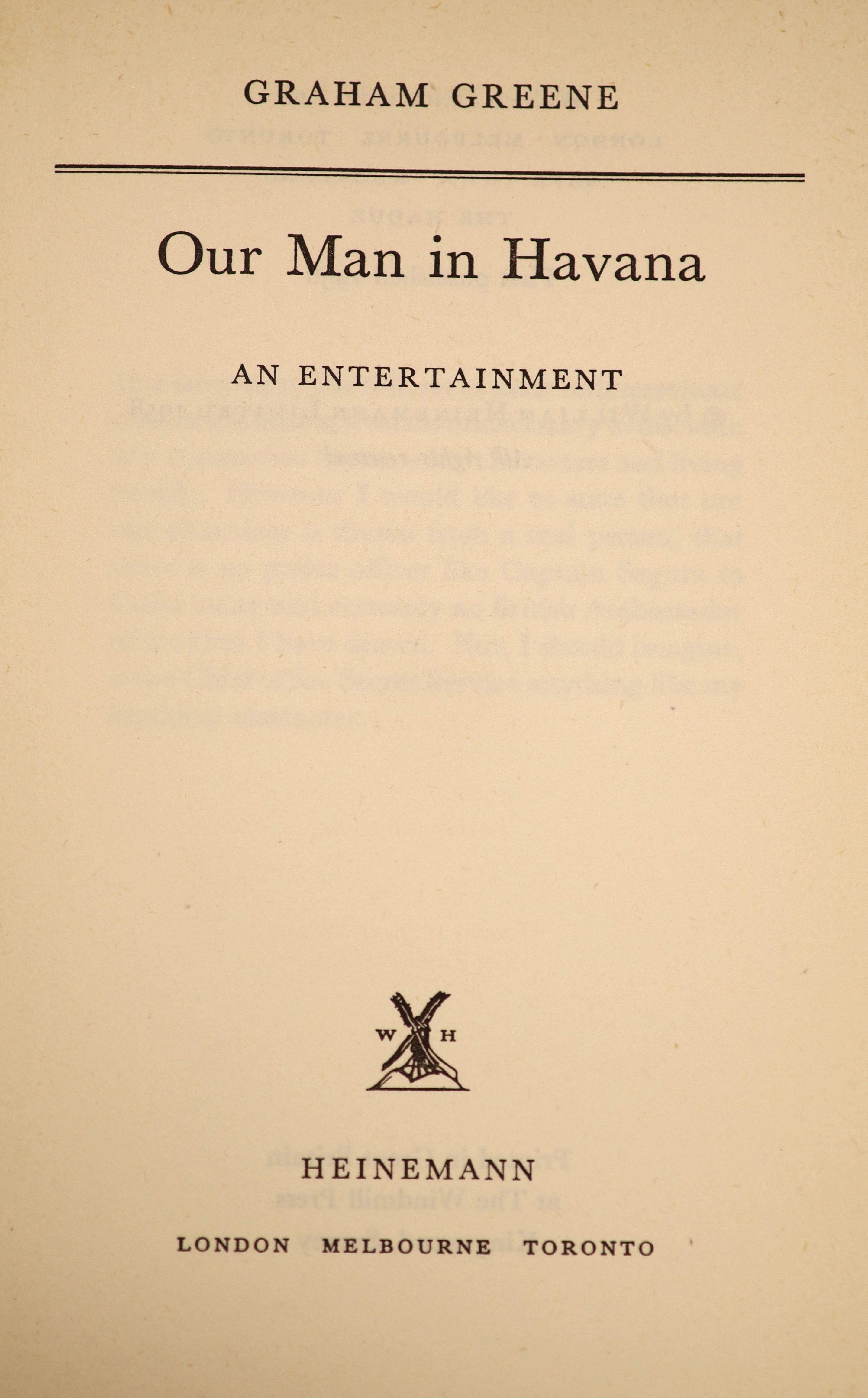 Greene, Graham - Our Man in Havana, 1st edition, in original blue cloth with unclipped d/j, soiled on rear panel, William Heinemann, London, 1958